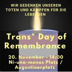 Wir gedenken unseren Toten und kämpfen für die Lebenden. Trans* Day of Remembrance. 20. November - 14 Uhr - Ni-una-menos Platz / Augustinerplatz. Bild: brennende Kerze in trans*flaggen Farben